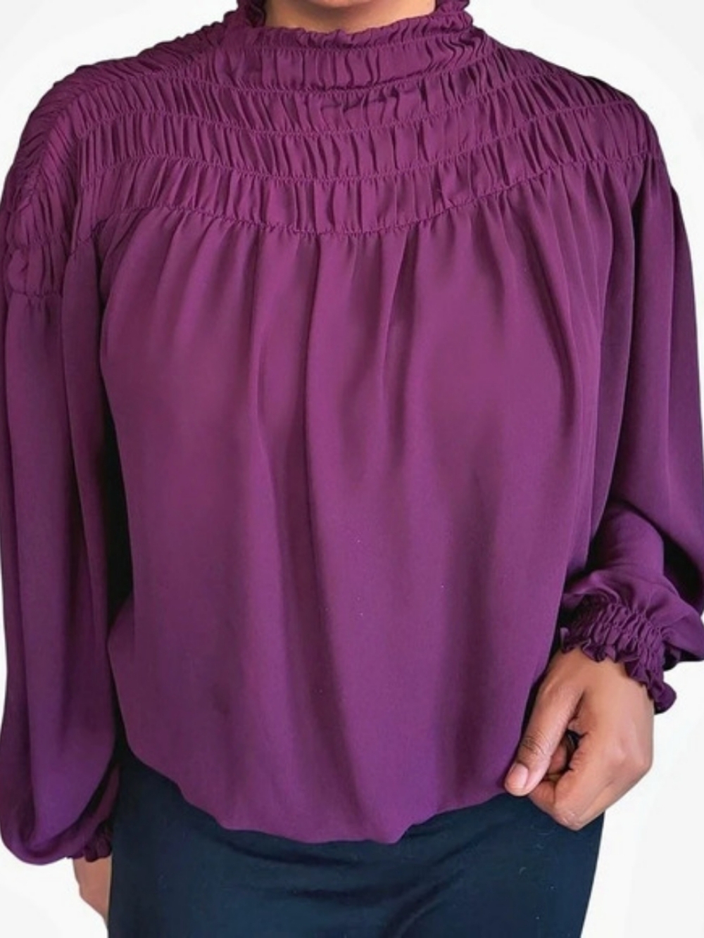 Venus Deep Purple Smocked High Neck Tie-Back Blouse – Size L